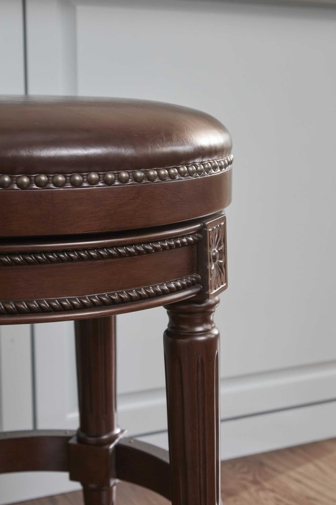 26" Dark Brown And Brown Faux Leather And Wood Backless Counter Height Swivel Bar Chair HomeRoots