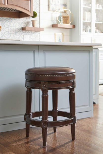 26" Dark Brown And Brown Faux Leather And Wood Backless Counter Height Swivel Bar Chair HomeRoots