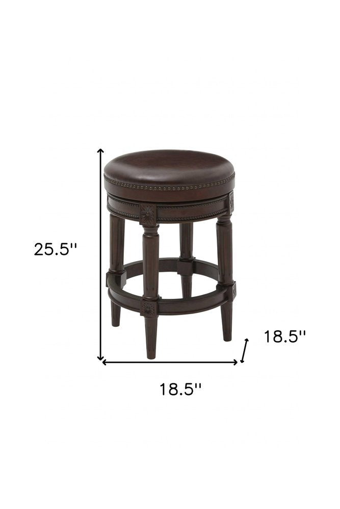 26" Dark Brown And Brown Faux Leather And Wood Backless Counter Height Swivel Bar Chair HomeRoots