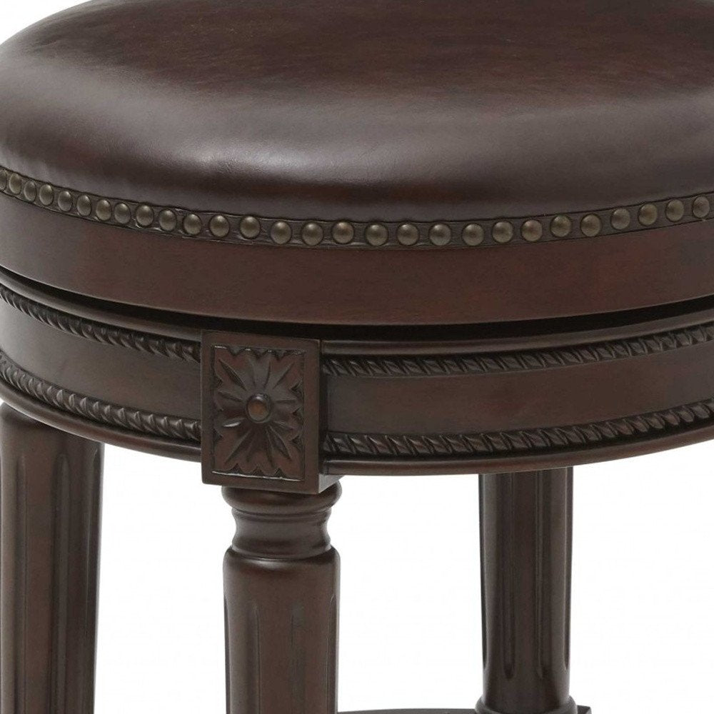 26" Dark Brown And Brown Faux Leather And Wood Backless Counter Height Swivel Bar Chair HomeRoots