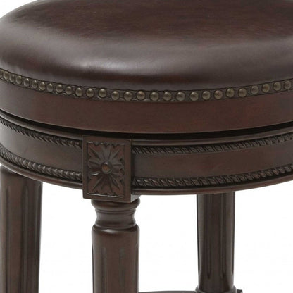 26" Dark Brown And Brown Faux Leather And Wood Backless Counter Height Swivel Bar Chair HomeRoots
