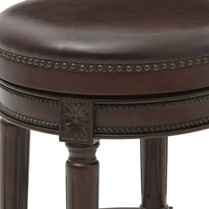 26" Dark Brown And Brown Faux Leather And Wood Backless Counter Height Swivel Bar Chair