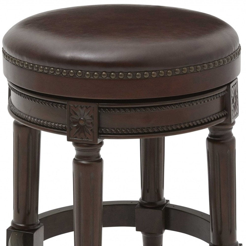26" Dark Brown And Brown Faux Leather And Wood Backless Counter Height Swivel Bar Chair HomeRoots