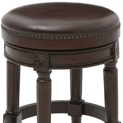 26" Dark Brown And Brown Faux Leather And Wood Backless Counter Height Swivel Bar Chair HomeRoots