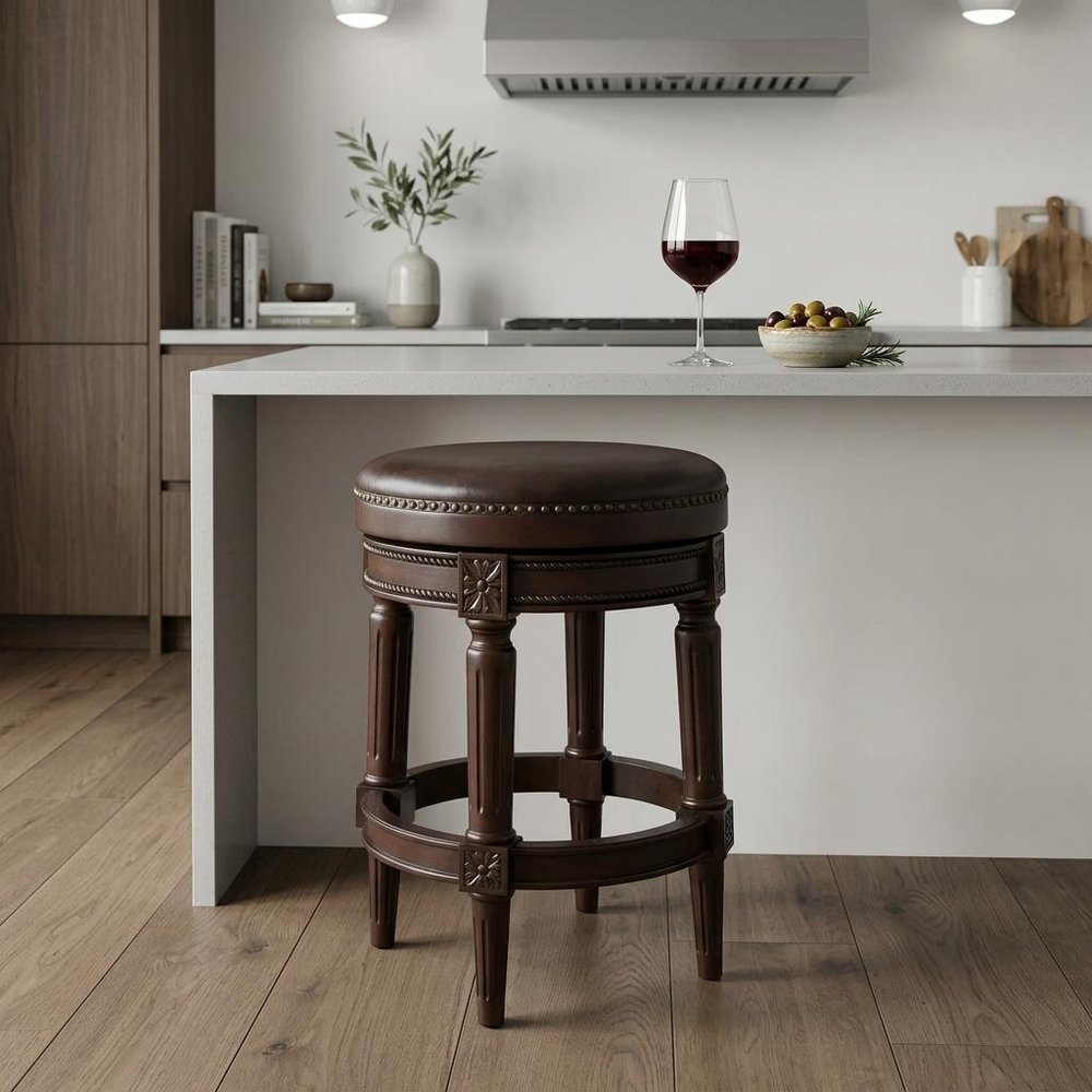 26" Dark Brown And Brown Faux Leather And Wood Backless Counter Height Swivel Bar Chair HomeRoots