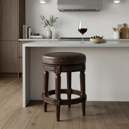26" Dark Brown And Brown Faux Leather And Wood Backless Counter Height Swivel Bar Chair HomeRoots