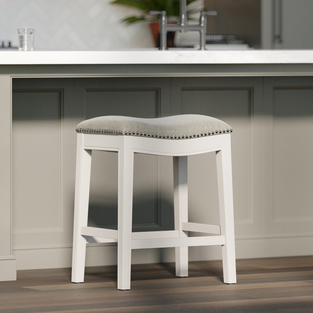 26" Gray and White Solid Wood and Linen Blend Backless Counter Height Bar Chair HomeRoots