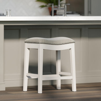 26" Gray and White Solid Wood and Linen Blend Backless Counter Height Bar Chair HomeRoots