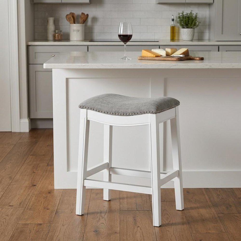 26" Gray and White Solid Wood and Linen Blend Backless Counter Height Bar Chair HomeRoots