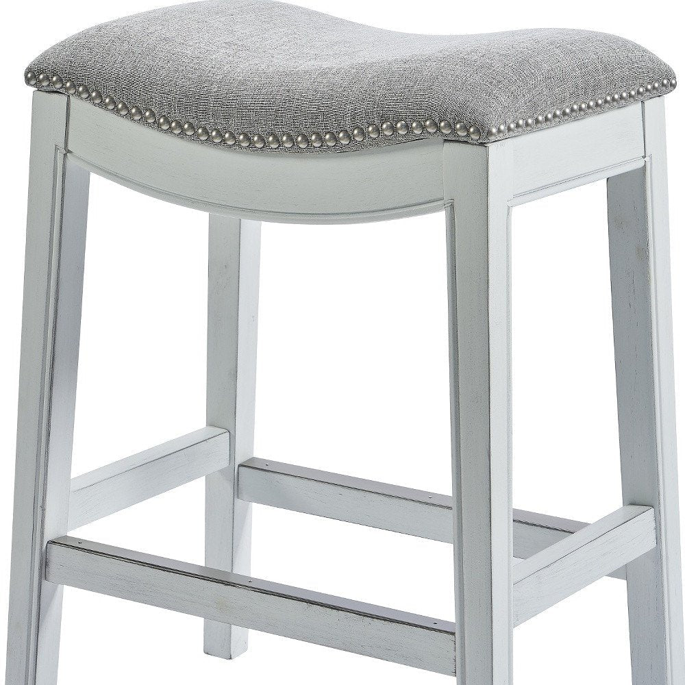 26" Gray and White Solid Wood and Linen Blend Backless Counter Height Bar Chair HomeRoots