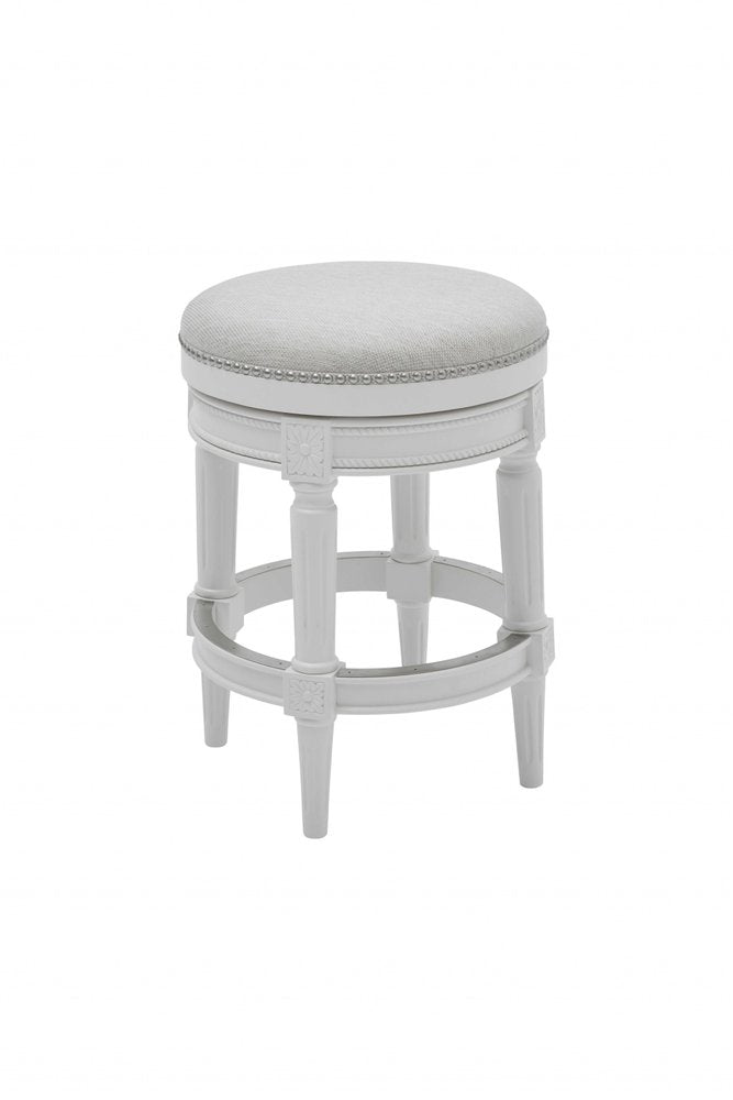 26" White Solid Wood and Fabric Backless Counter Height Swivel Bar Chair HomeRoots
