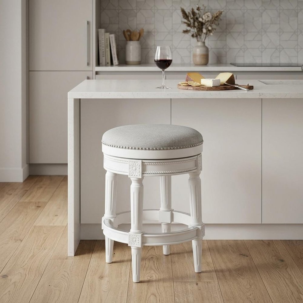 26" White Solid Wood and Fabric Backless Counter Height Swivel Bar Chair HomeRoots