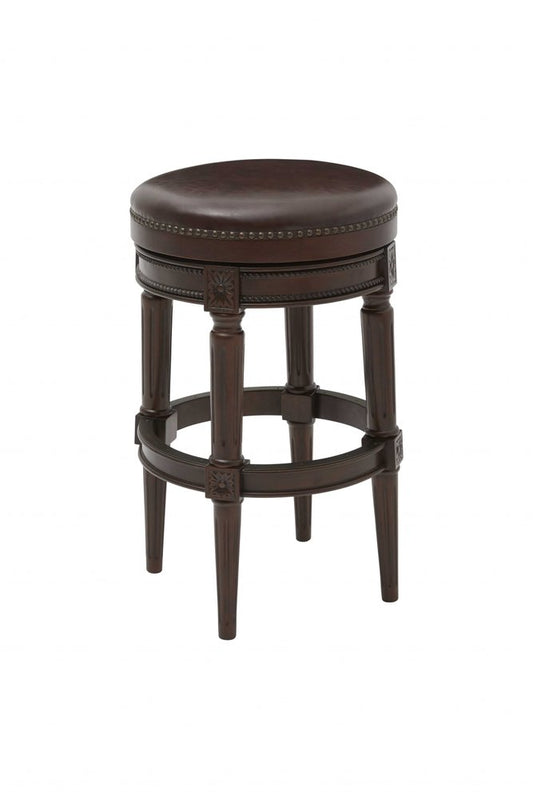 31" Brown Faux Leather And Solid Wood Backless Counter Height Swivel Bar Chair HomeRoots