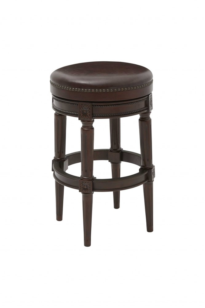 31" Brown Faux Leather And Solid Wood Backless Counter Height Swivel Bar Chair HomeRoots