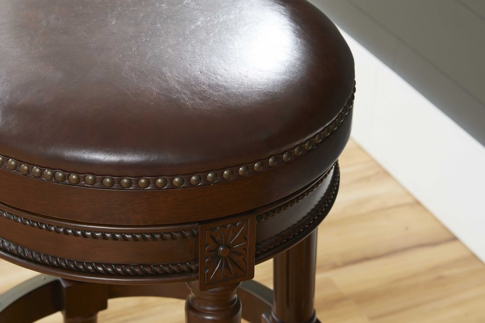 31" Brown Faux Leather And Solid Wood Backless Counter Height Swivel Bar Chair HomeRoots