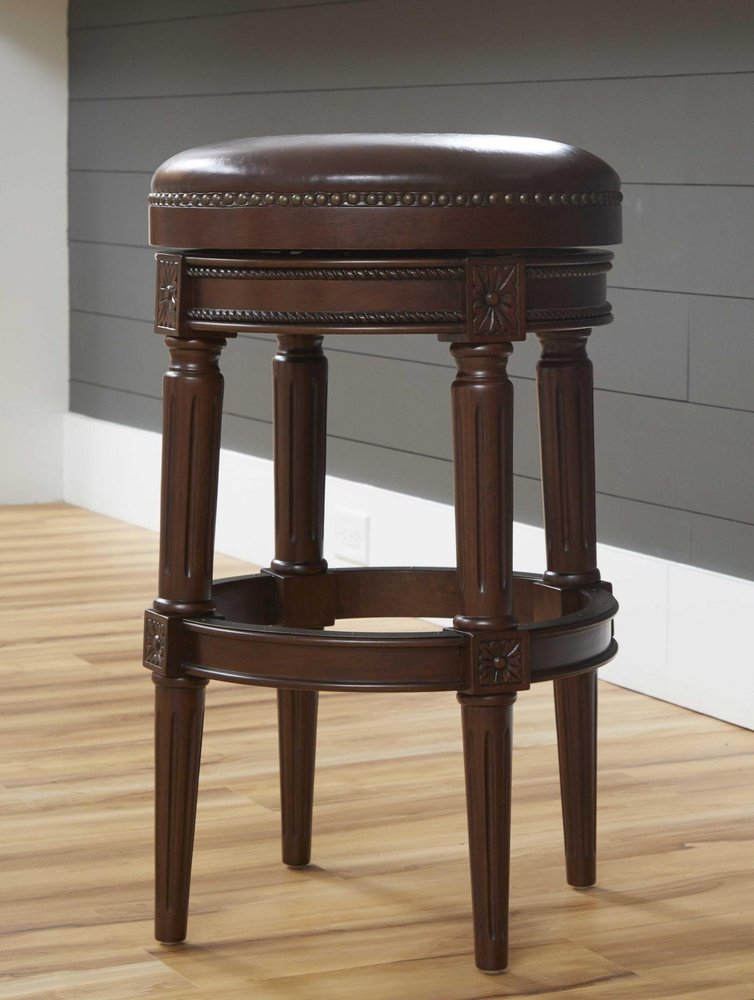 31" Brown Faux Leather And Solid Wood Backless Counter Height Swivel Bar Chair HomeRoots