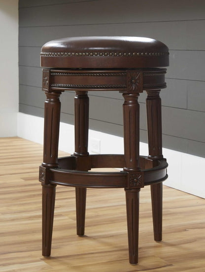 31" Brown Faux Leather And Solid Wood Backless Counter Height Swivel Bar Chair HomeRoots