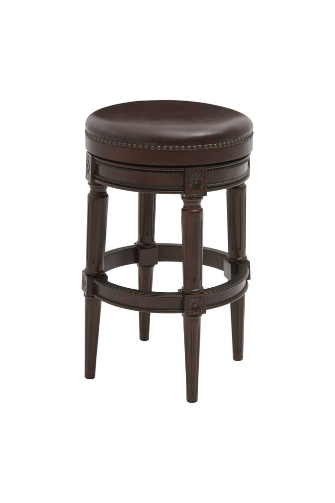 31" Brown Faux Leather And Solid Wood Backless Counter Height Swivel Bar Chair HomeRoots