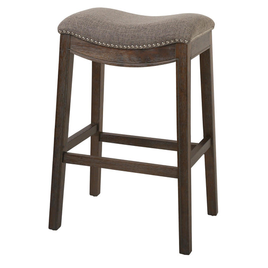 Bar Height Saddle Style Counter Stool With Taupe Fabric And Nail Head Trim - FurniFindUSA