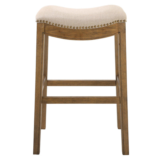 Bar Height Saddle Style Counter Stool With Cream Fabric And Nail Head Trim - FurniFindUSA