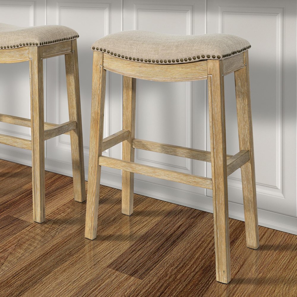 31" Linen And Natural Fabric And Solid Wood Backless Bar Height Bar Chair HomeRoots