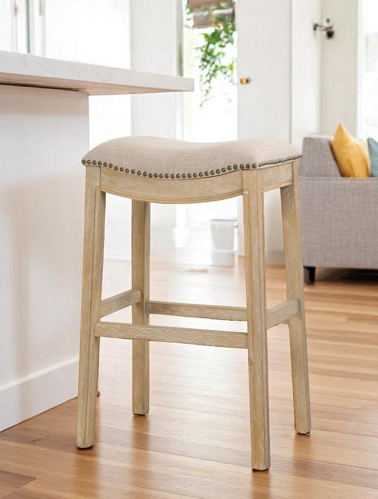 31" Linen And Natural Fabric And Solid Wood Backless Bar Height Bar Chair HomeRoots