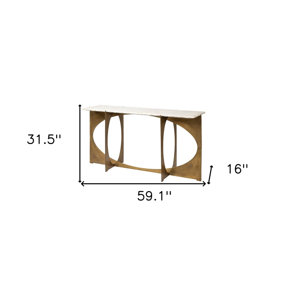 59" White and Gold Genuine Marble and Metal Geo Base Console Table HomeRoots
