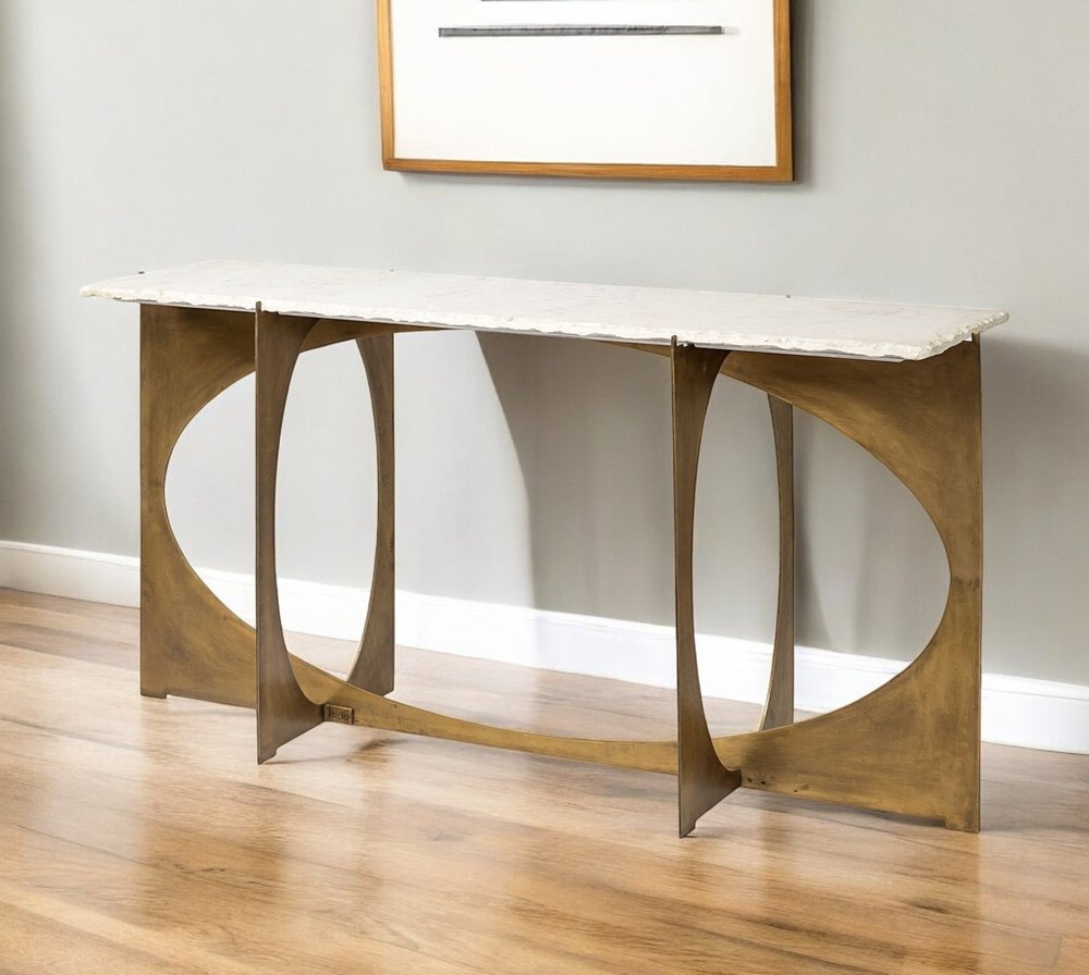 59" White and Gold Genuine Marble and Metal Geo Base Console Table HomeRoots
