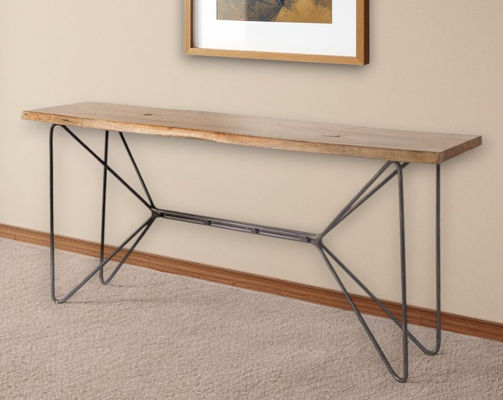 66" Brown and Black Solid Wood and Iron Abstract Base Console Table HomeRoots