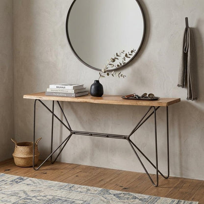 66" Brown and Black Solid Wood and Iron Abstract Base Console Table HomeRoots