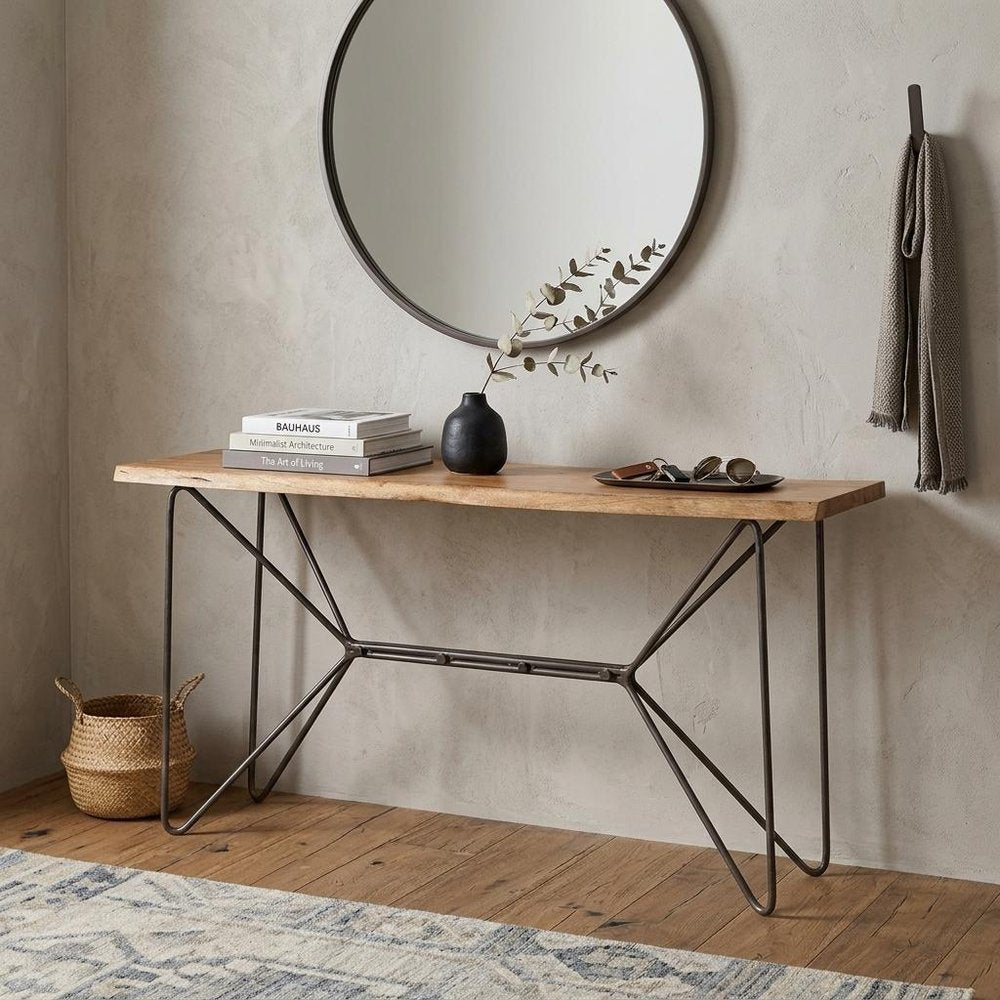 66" Brown and Black Solid Wood and Iron Abstract Base Console Table HomeRoots