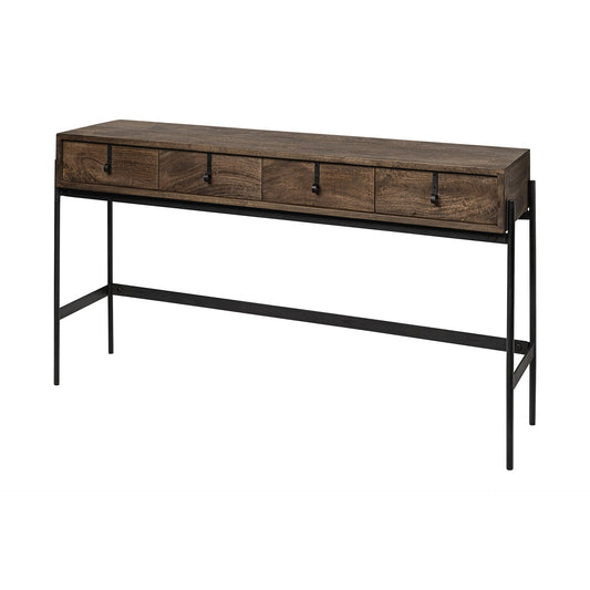 56" Brown and Black Solid Wood and Metal Distressed Console Table With Four Drawers HomeRoots