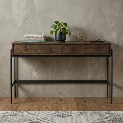 56" Brown and Black Solid Wood and Metal Distressed Console Table With Four Drawers HomeRoots