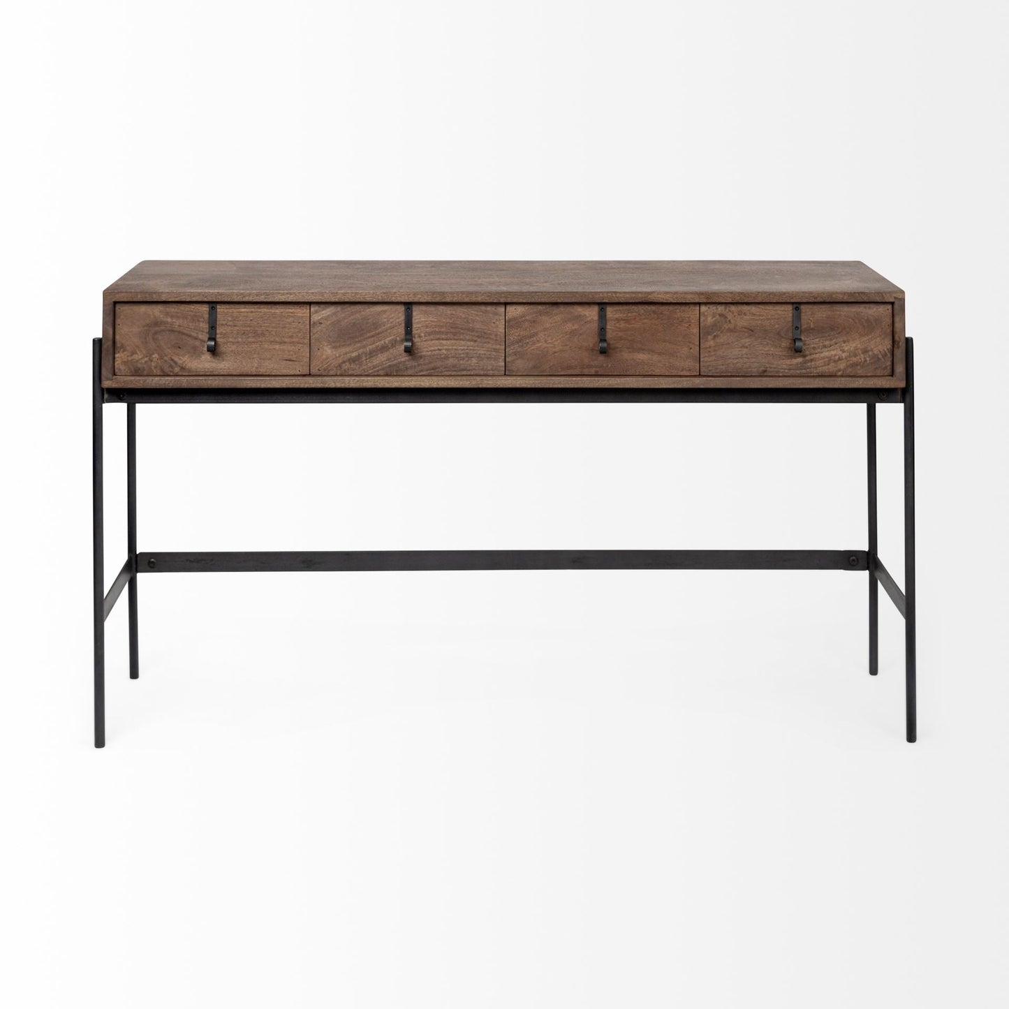 56" Brown and Black Solid Wood and Metal Distressed Console Table With Four Drawers HomeRoots