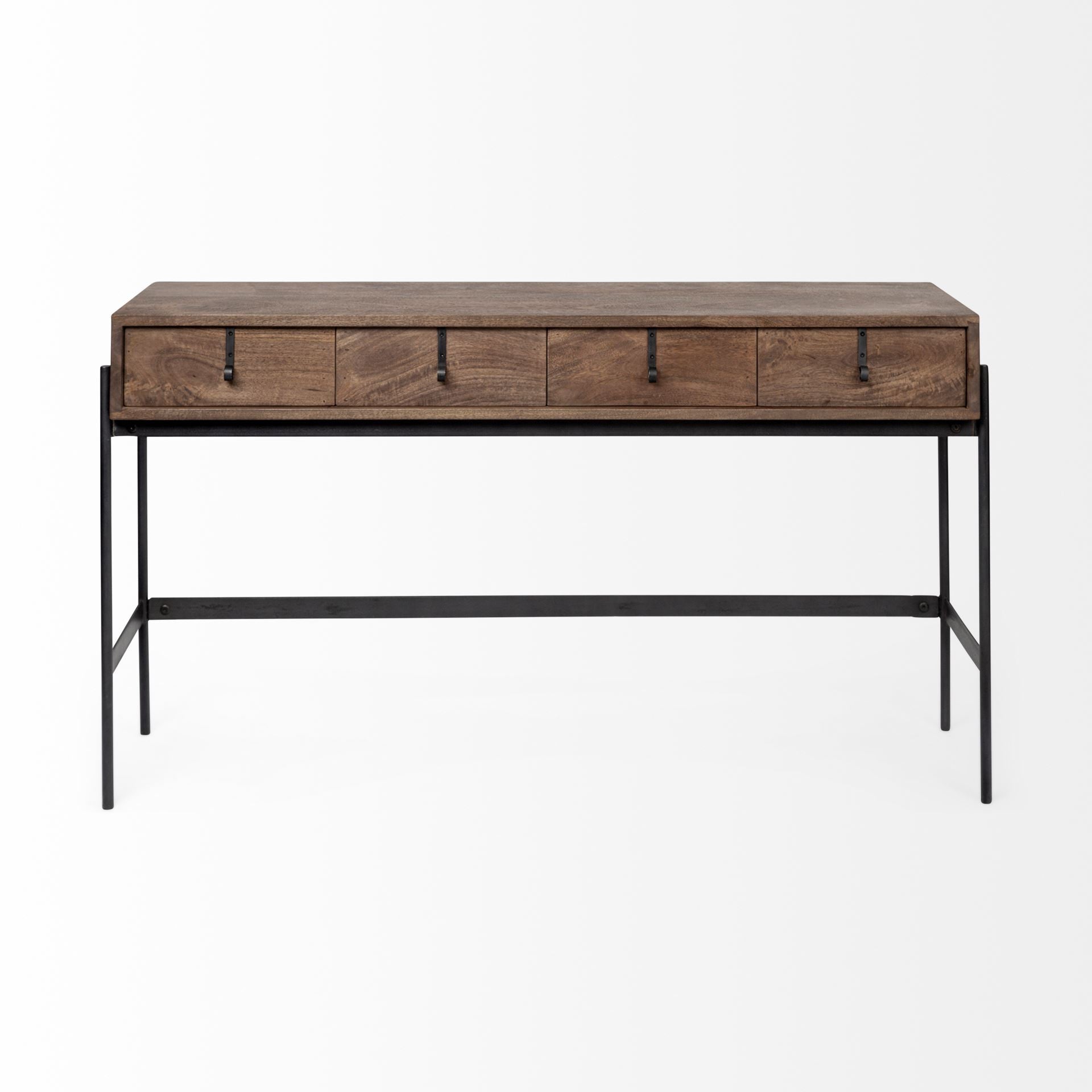 56" Brown and Black Solid Wood and Metal Distressed Console Table With Four Drawers HomeRoots
