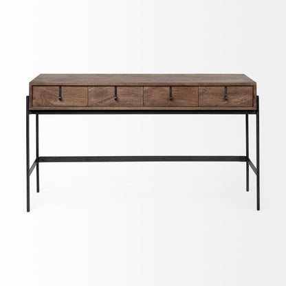 56" Brown and Black Solid Wood and Metal Distressed Console Table With Four Drawers HomeRoots
