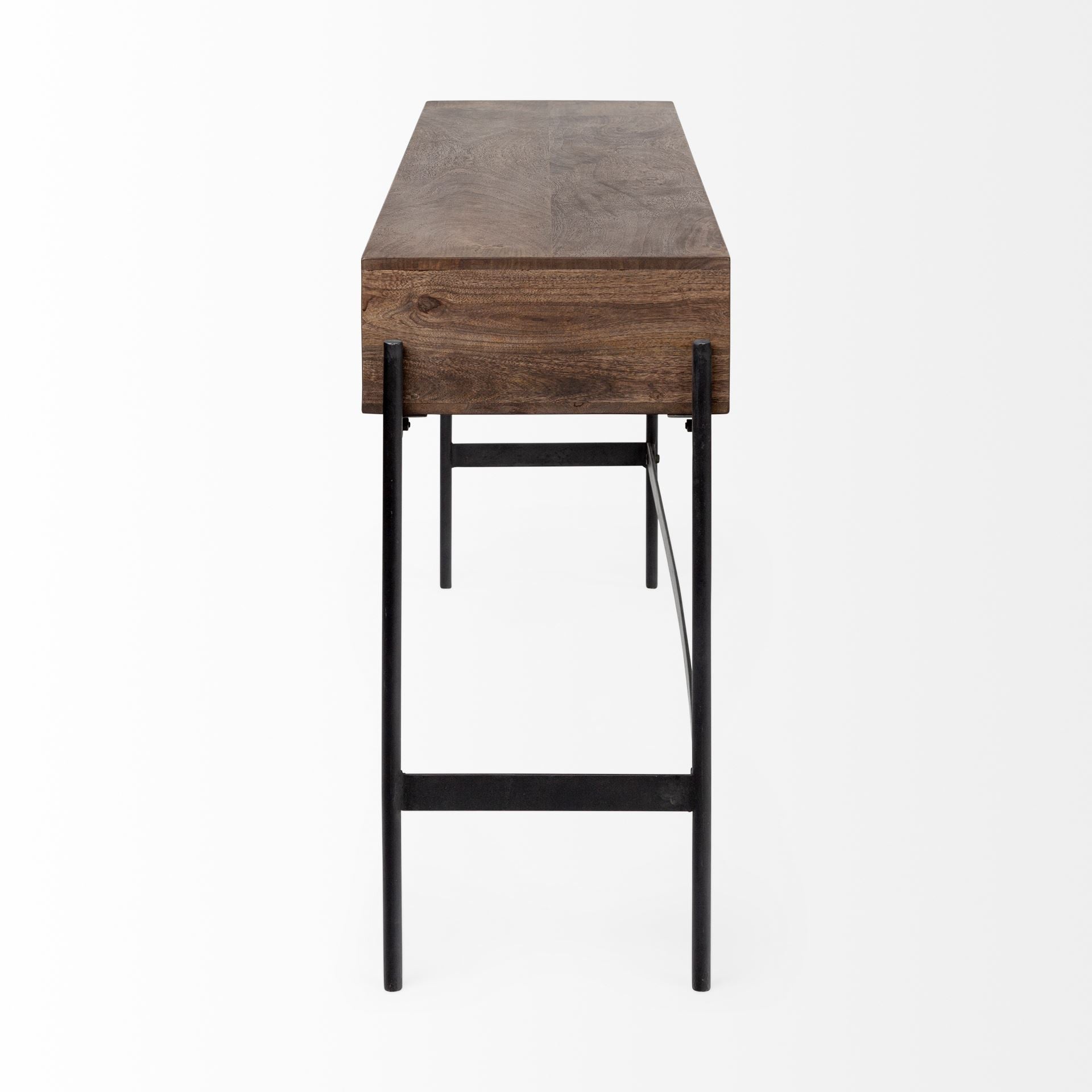 56" Brown and Black Solid Wood and Metal Distressed Console Table With Four Drawers HomeRoots
