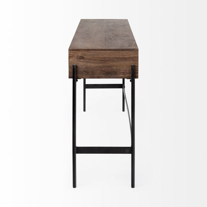 56" Brown and Black Solid Wood and Metal Distressed Console Table With Four Drawers HomeRoots