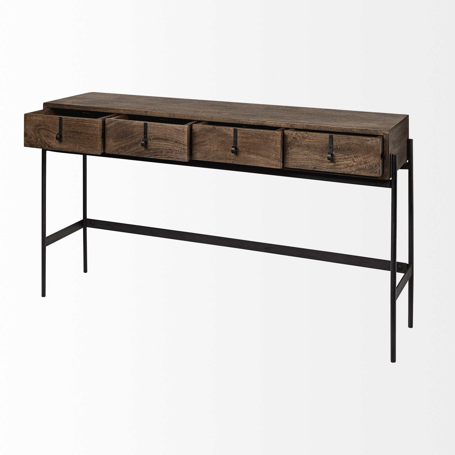 56" Brown and Black Solid Wood and Metal Distressed Console Table With Four Drawers HomeRoots