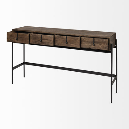 56" Brown and Black Solid Wood and Metal Distressed Console Table With Four Drawers HomeRoots
