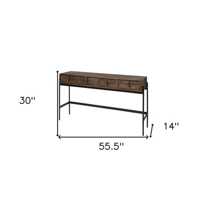 56" Brown and Black Solid Wood and Metal Distressed Console Table With Four Drawers HomeRoots