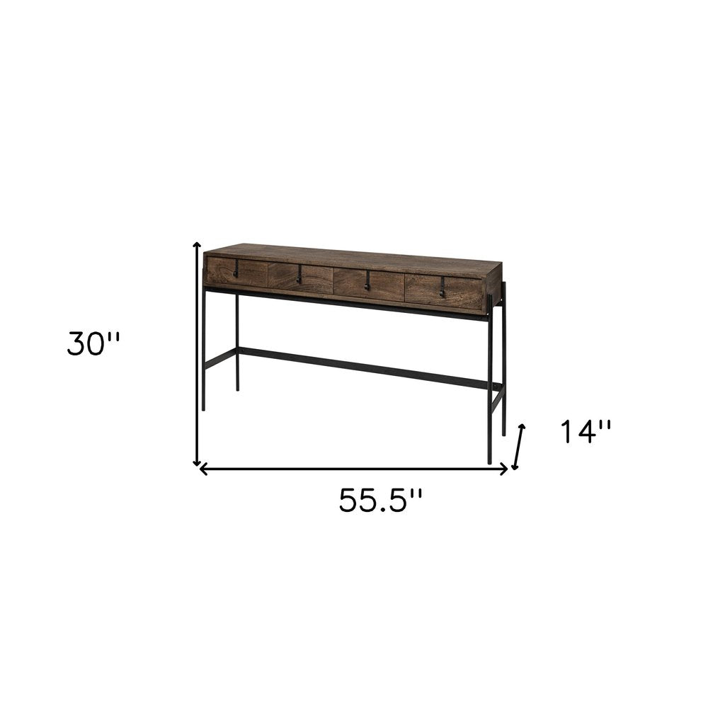 56" Brown and Black Solid Wood and Metal Distressed Console Table With Four Drawers HomeRoots