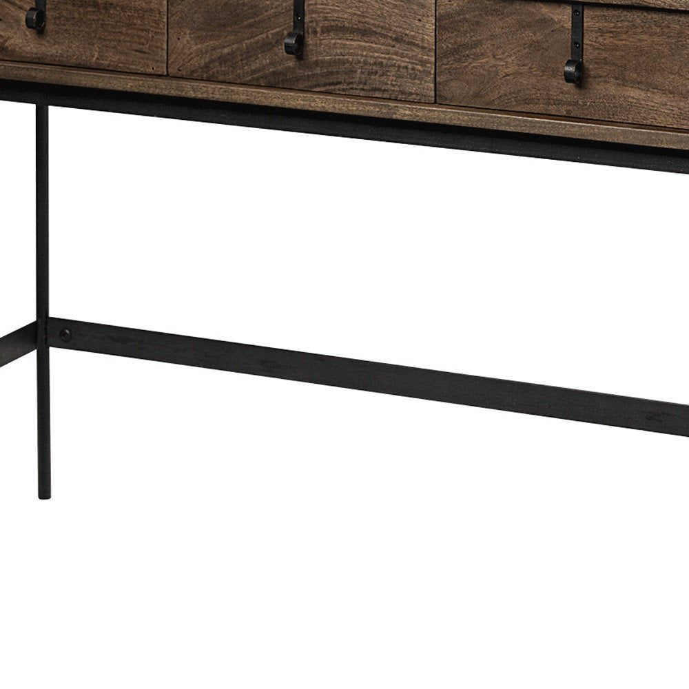 56" Brown and Black Solid Wood and Metal Distressed Console Table With Four Drawers HomeRoots
