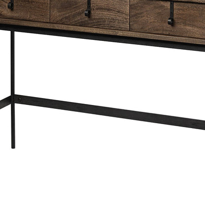 56" Brown and Black Solid Wood and Metal Distressed Console Table With Four Drawers HomeRoots