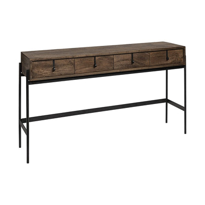 56" Brown and Black Solid Wood and Metal Distressed Console Table With Four Drawers HomeRoots