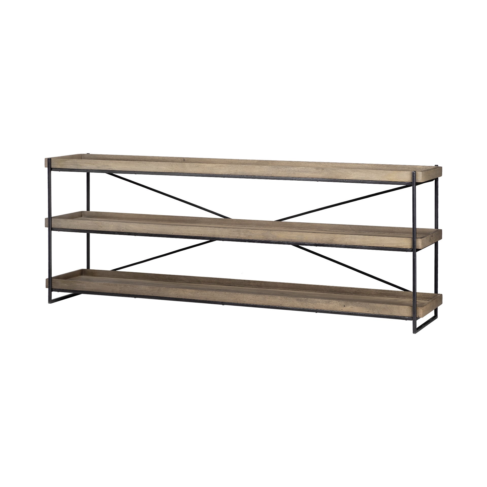 80" Light Brown and Black Solid Wood and Iron Console Table With Two Shelves HomeRoots