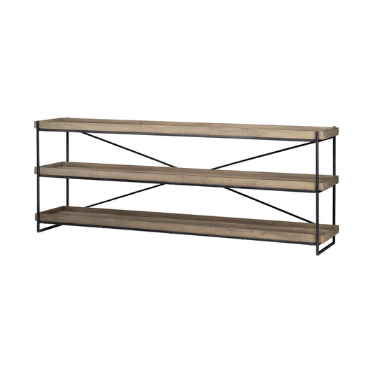 80" Light Brown and Black Solid Wood and Iron Console Table With Two Shelves HomeRoots