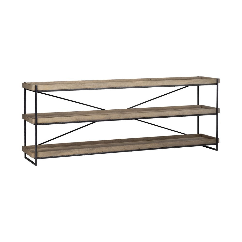 80" Light Brown and Black Solid Wood and Iron Console Table With Two Shelves — view 7