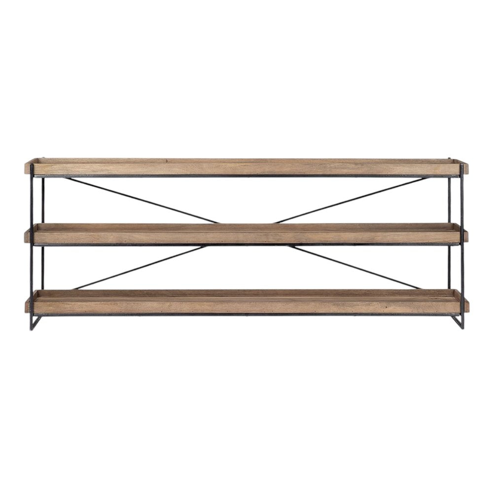 80" Light Brown and Black Solid Wood and Iron Console Table With Two Shelves — view 8