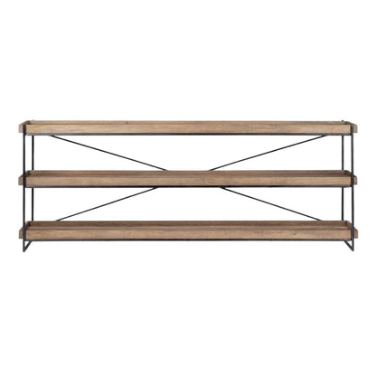80" Light Brown and Black Solid Wood and Iron Console Table With Two Shelves